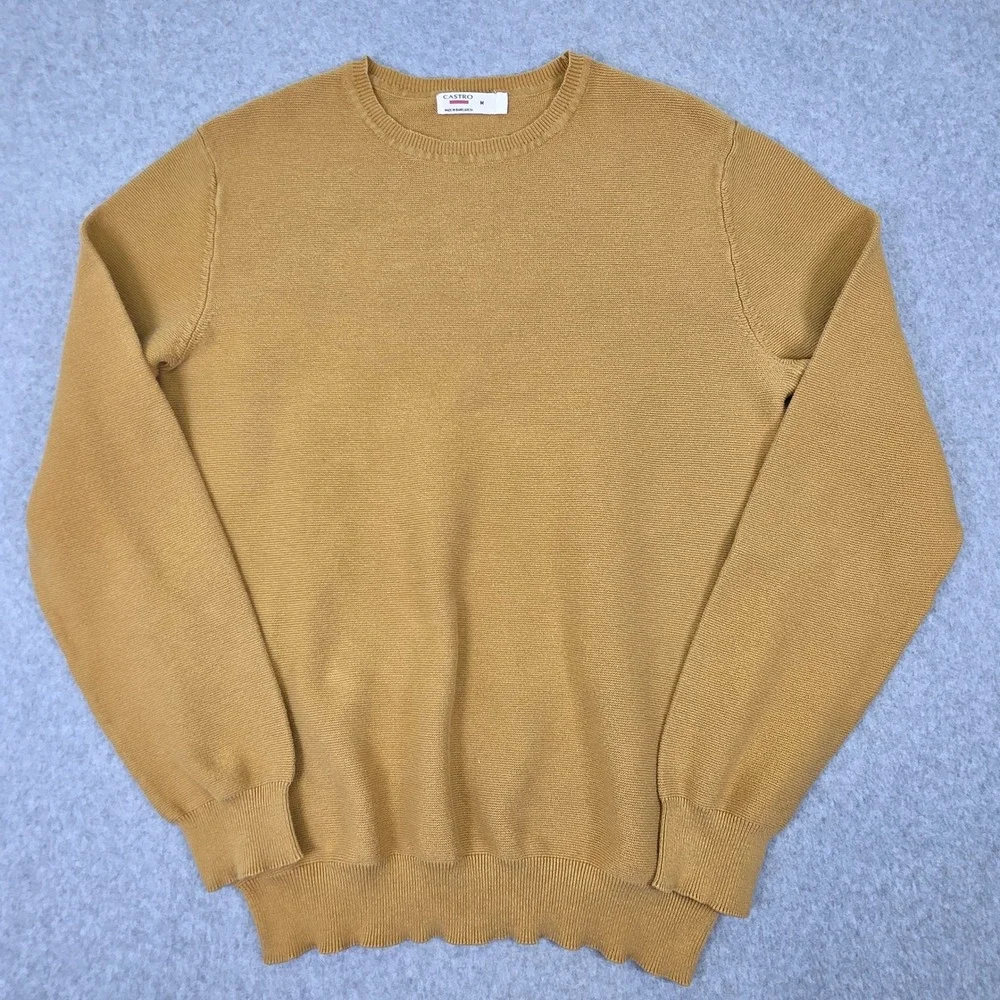 Castro Men's Size M 100% Cotton Textured Knit Crewneck Sweater Mustard Yellow